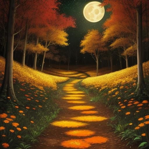Golden Path Through Psychedelic Moonlit Flower Field