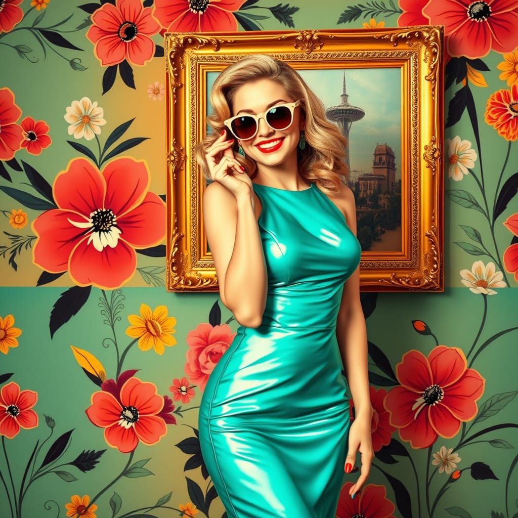 Retro Woman Poses in Turquoise Dress, Pop Art Style