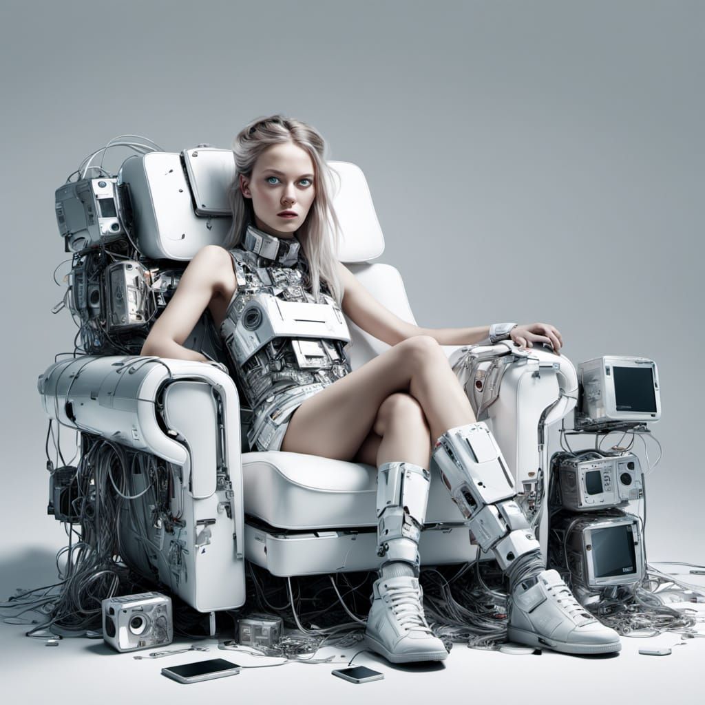 Surreal Electronic Goddess Sits on White Armchair in Hyper-R...