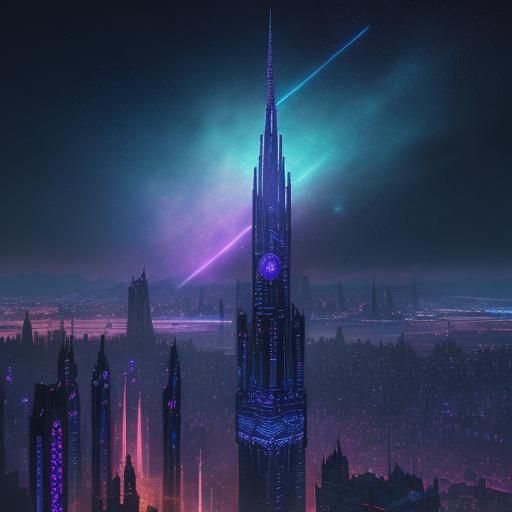 Mystical Cityscape with Neon Lights in Comic Style