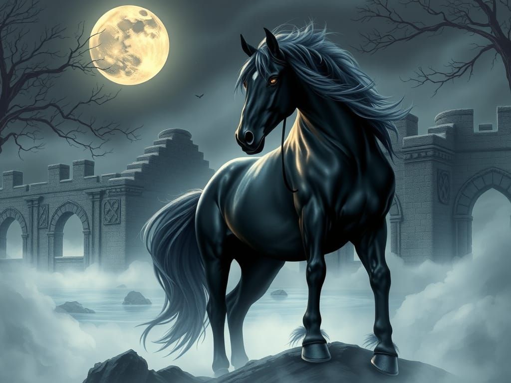 Ethereal Black Horse Amidst Ancient Ruins