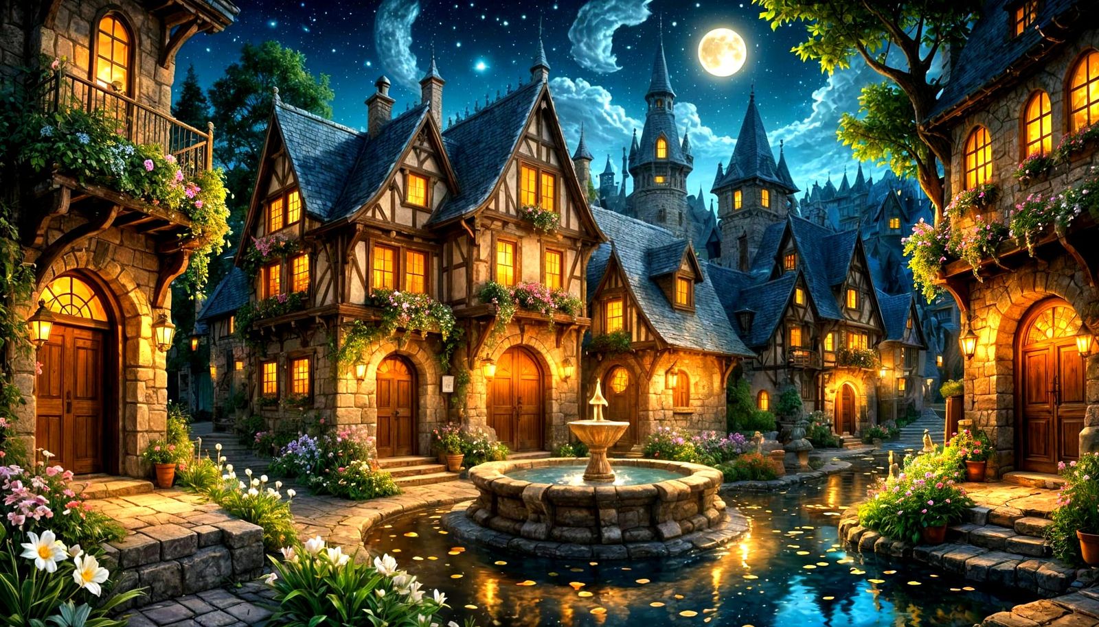 Medieval Alleyway with Glowing Fountain