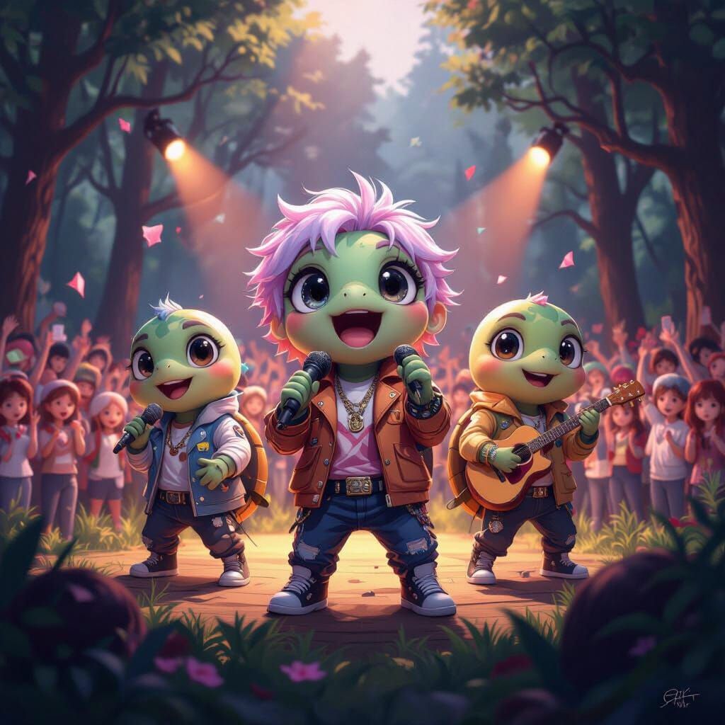Chibi K-Pop Turtle Band Concert in Oil Painting Style