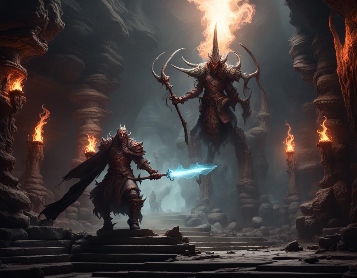 Wizard Battles Baal in Dark Fantasy Catacombs