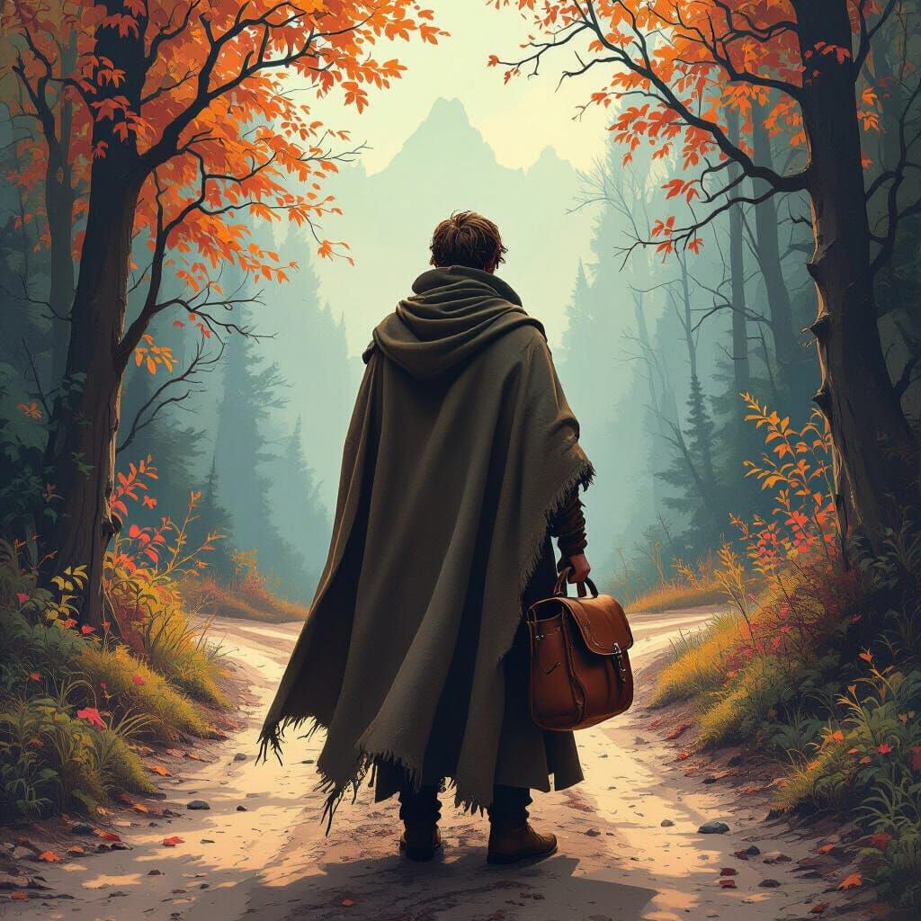 Man at Crossroads in Mystical Forest