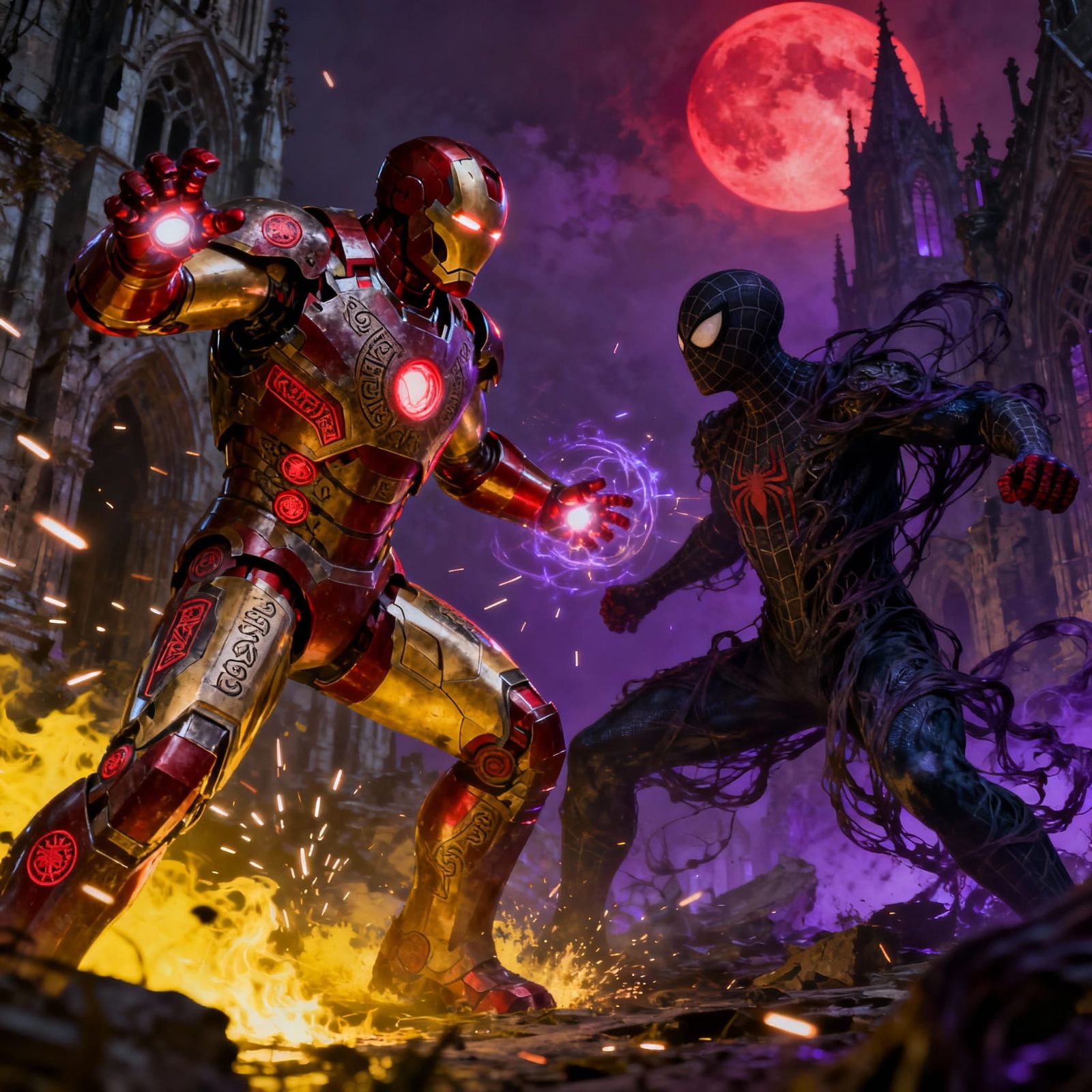 Crimson Runes Iron Man Battles Shadow Spider-Man in Gothic C...
