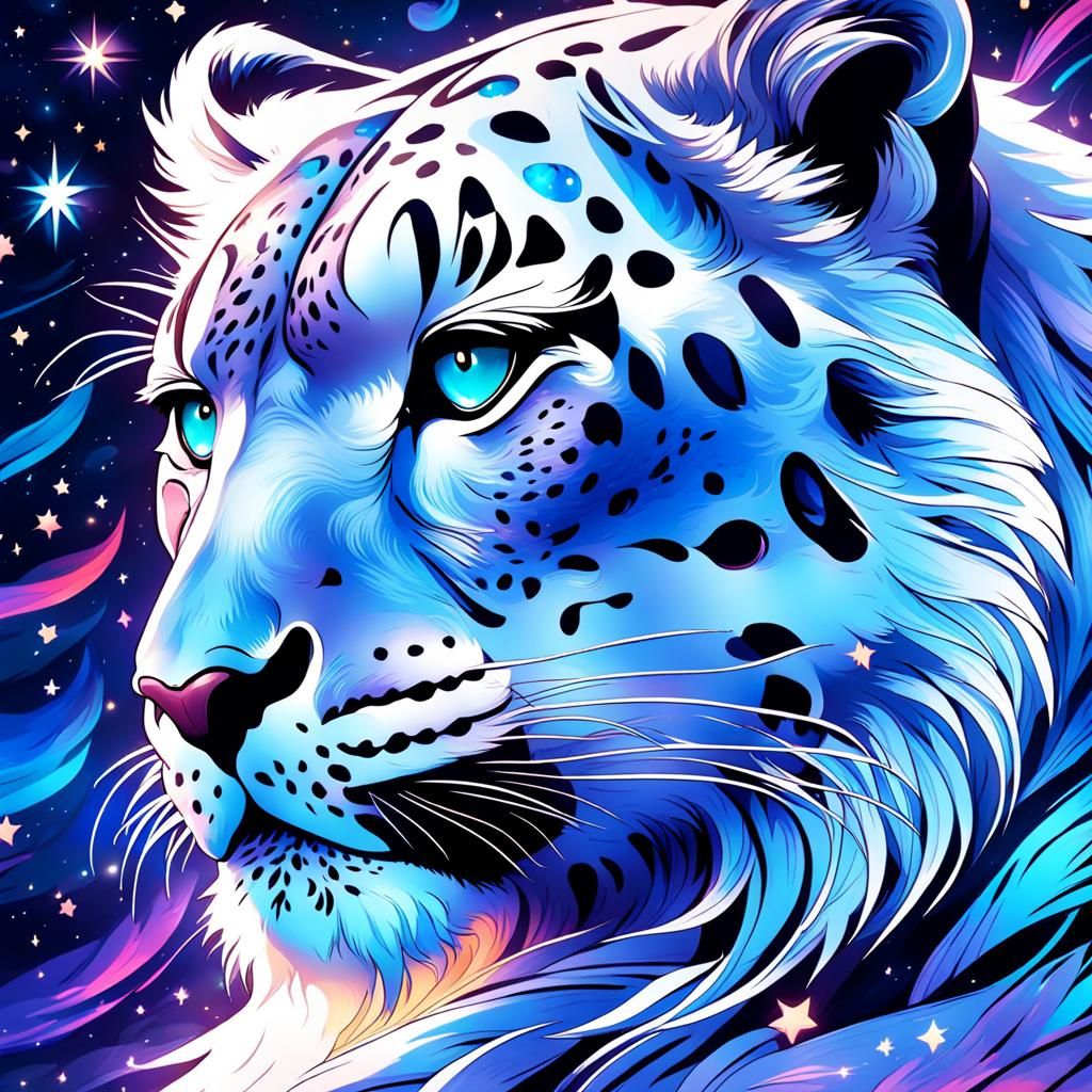 Celestial Snow Leopard Portrait in Hyperrealistic Style