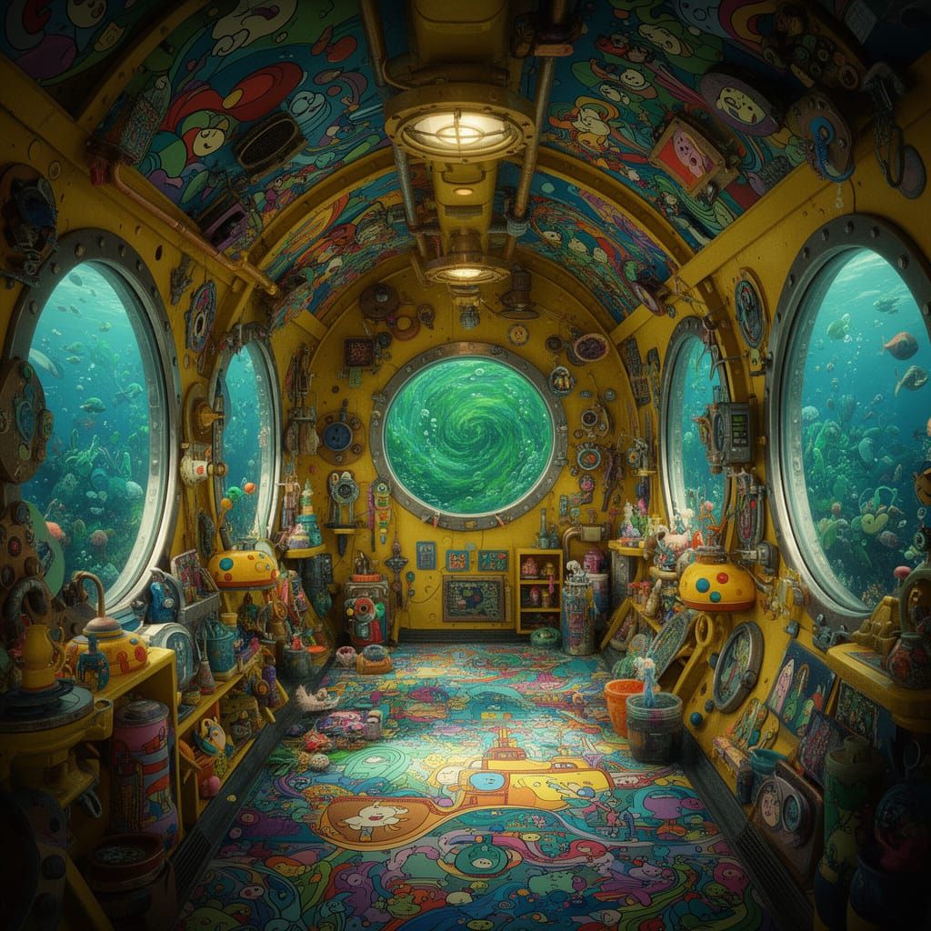 Vibrant Yellow Submarine Interior in Maximalist Style