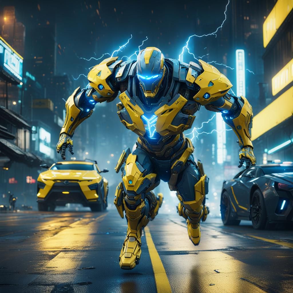 Biomechanical Superhero Races Through Cyberpunk City