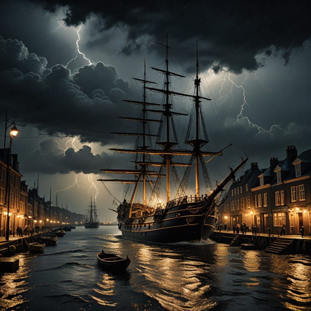 Majestic Sailing Ship Enters Vintage Harbour at Night