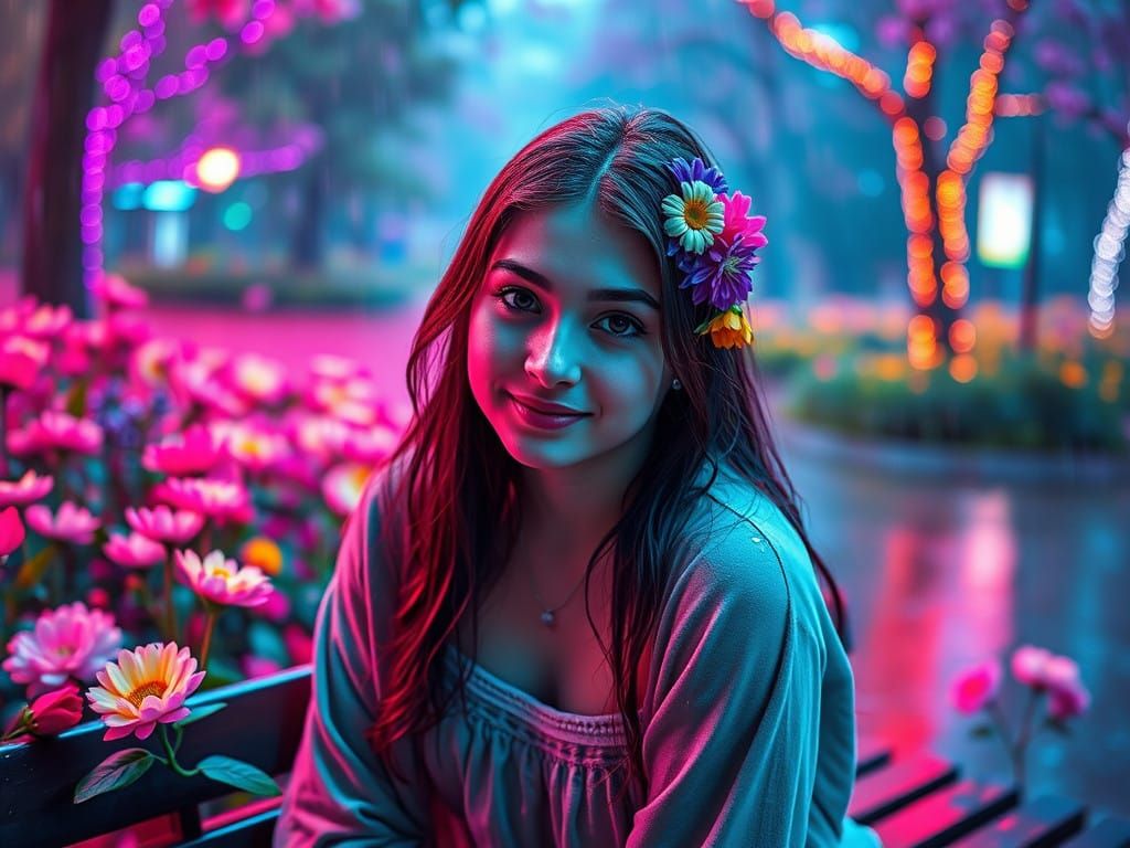 Girl in Rainy Park with Flowers in Hair, Synthwave Neon Ligh...
