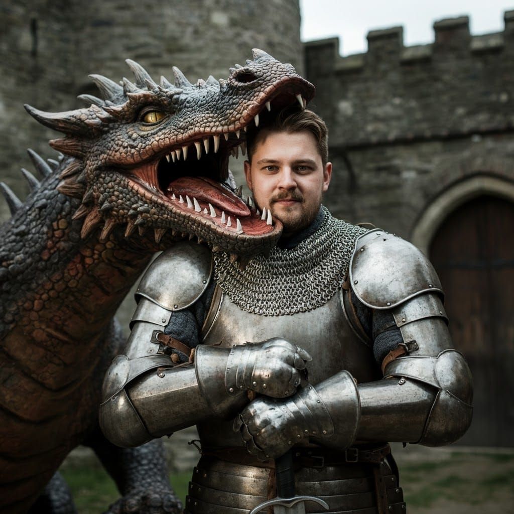 Humorous Portrait of a Knight and Dragon