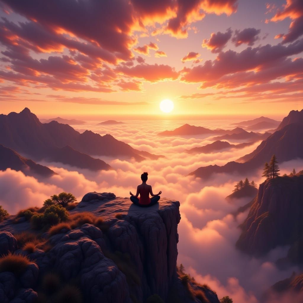 Meditating Figure on Mountaintop at Dawn in Golden Light
