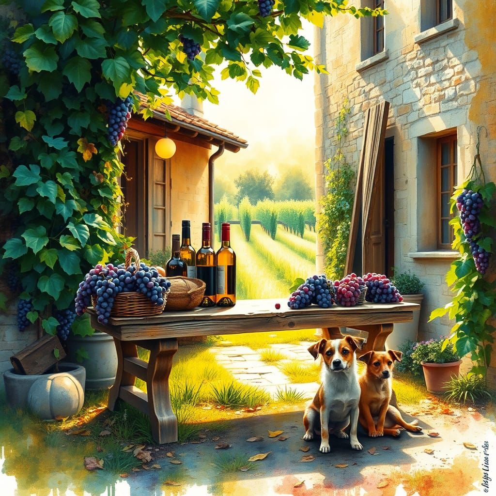 Rustic French Vineyard Scene in Vibrant Watercolour Style