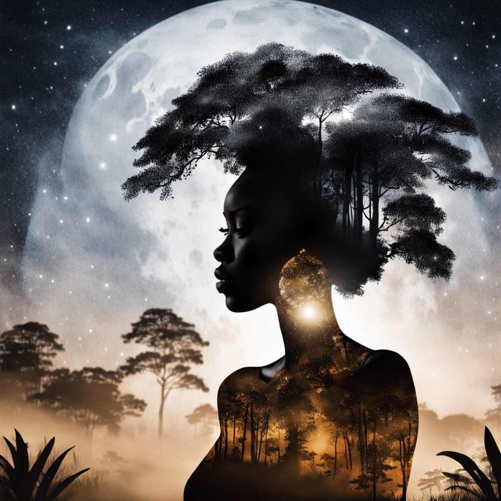 Ethereal African Goddess Embraced by Celestial Forest