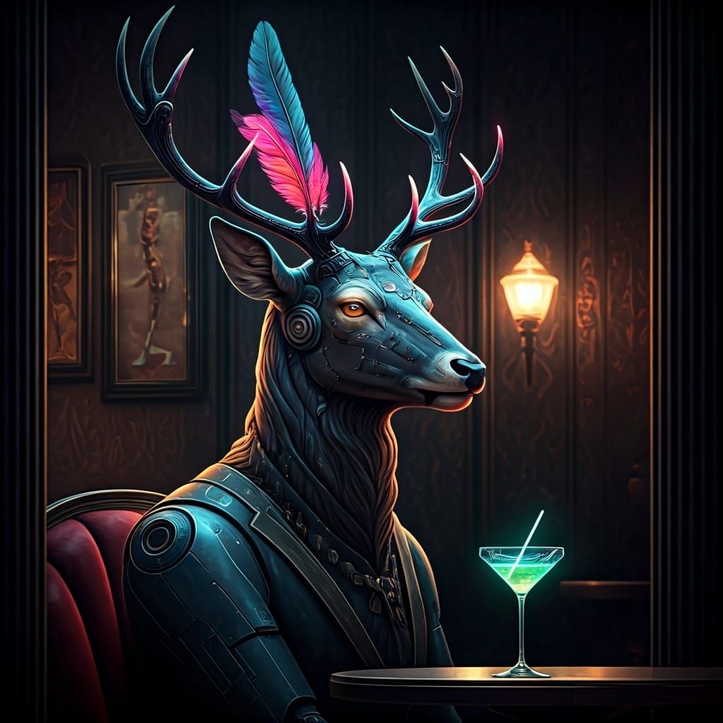 Cyberpunk Deer Sipping Cocktail in Speakeasy