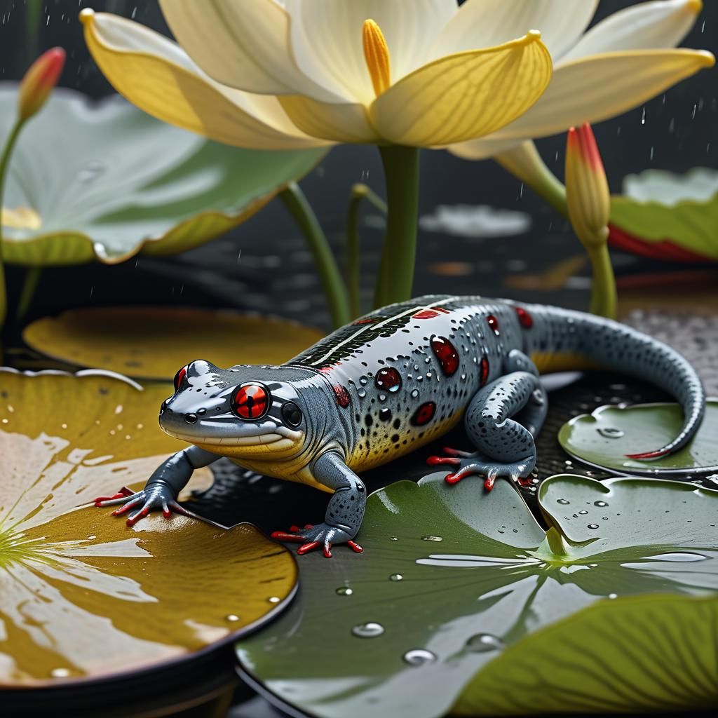 Hyperrealistic Salamander on Lily Pad in Rainy Setting