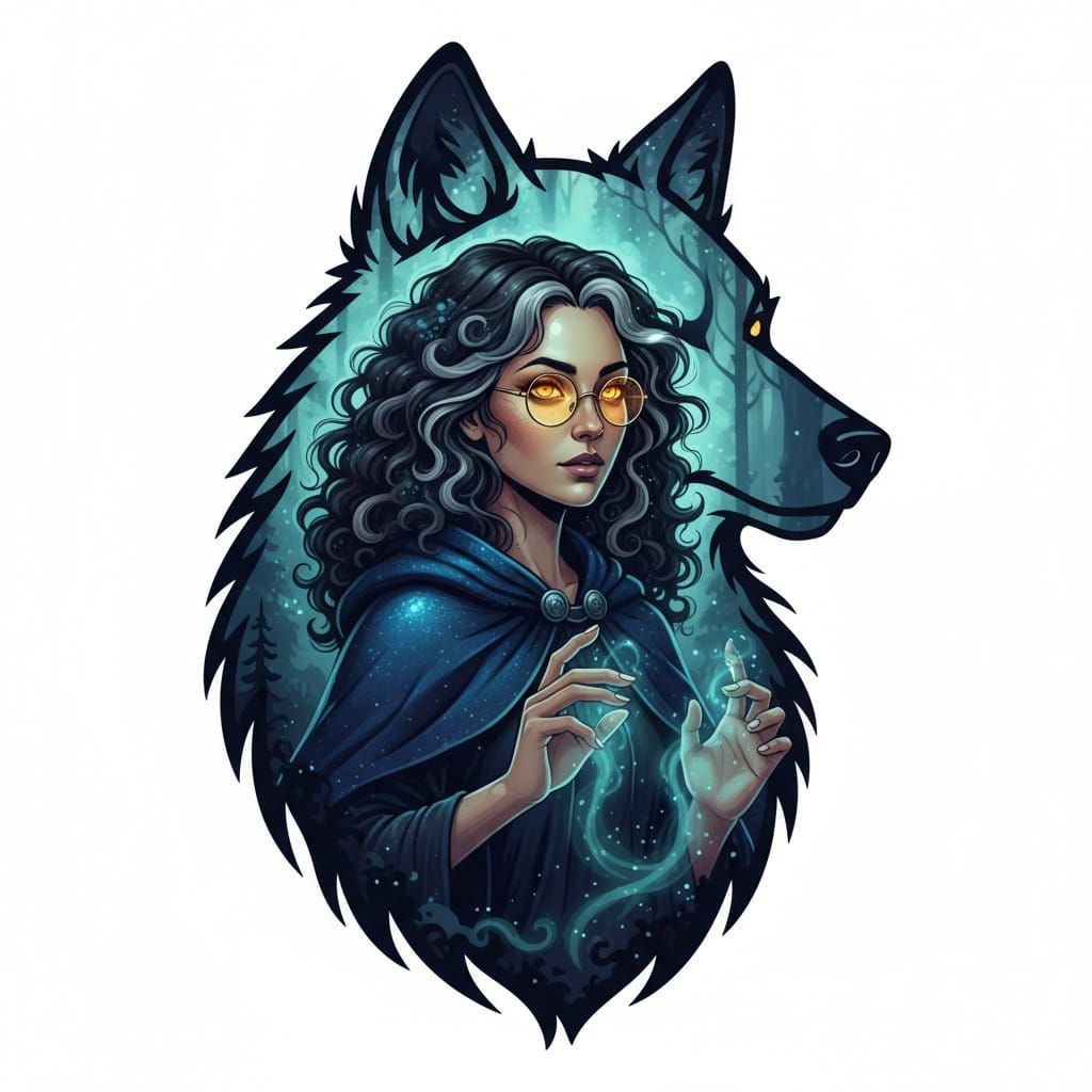Wolf and Woman Double Exposure Portrait in Bold Graphic Styl...