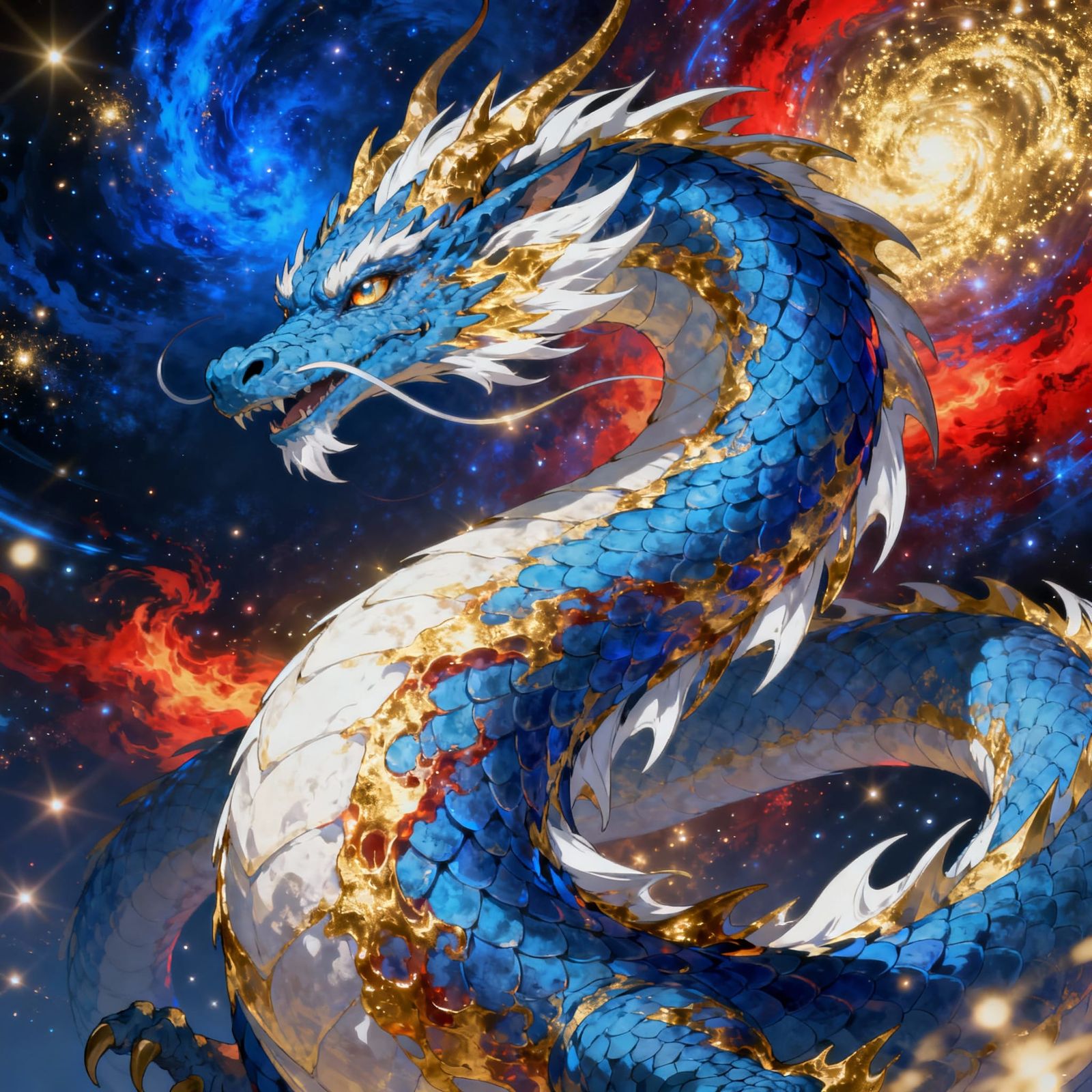 Majestic Blue Dragon with Gold and White Accents