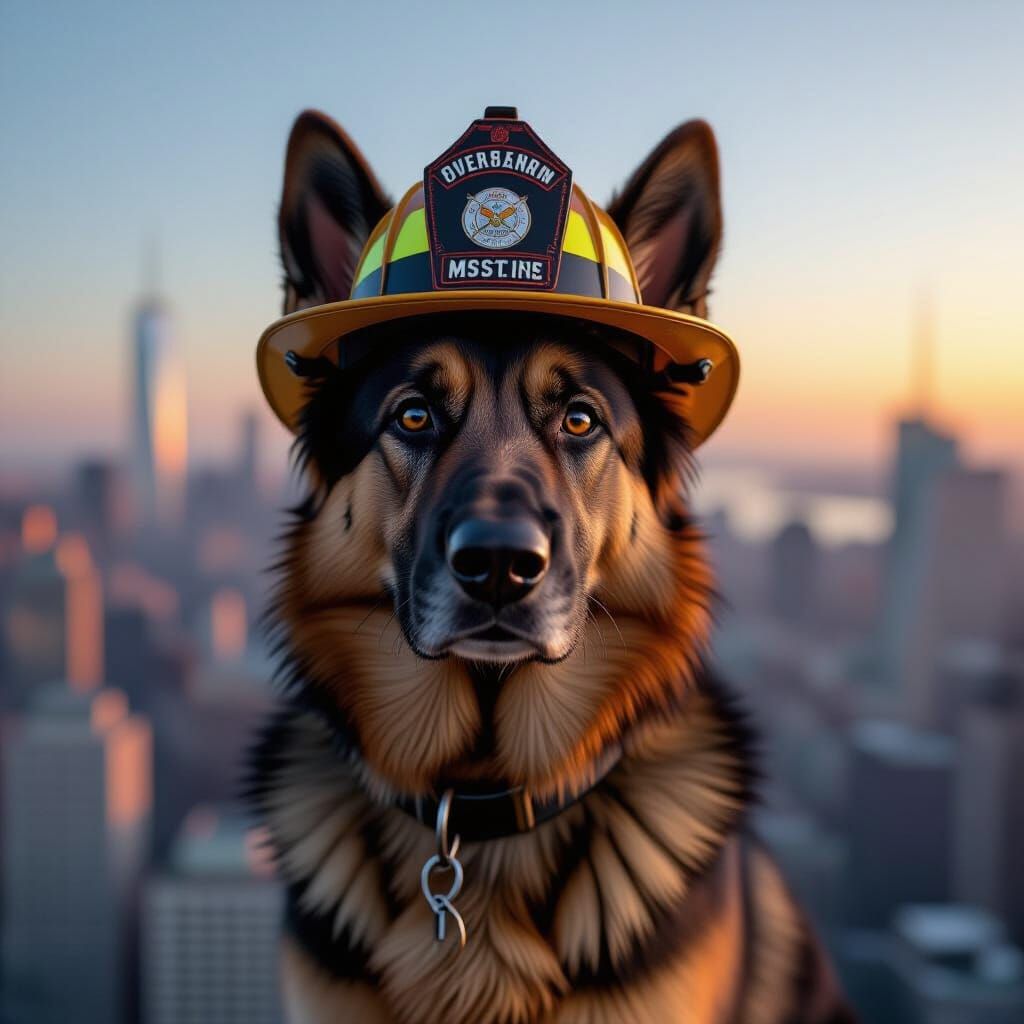 Heroic German Shepherd in Fireman Hat, Hyper-Realistic Citys...