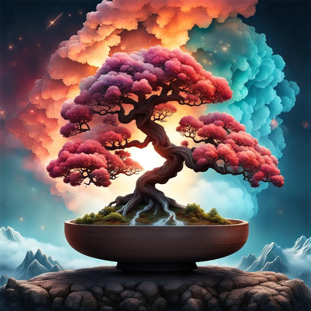 Yggdrasil Cloud Bonsai in Double Exposure Style