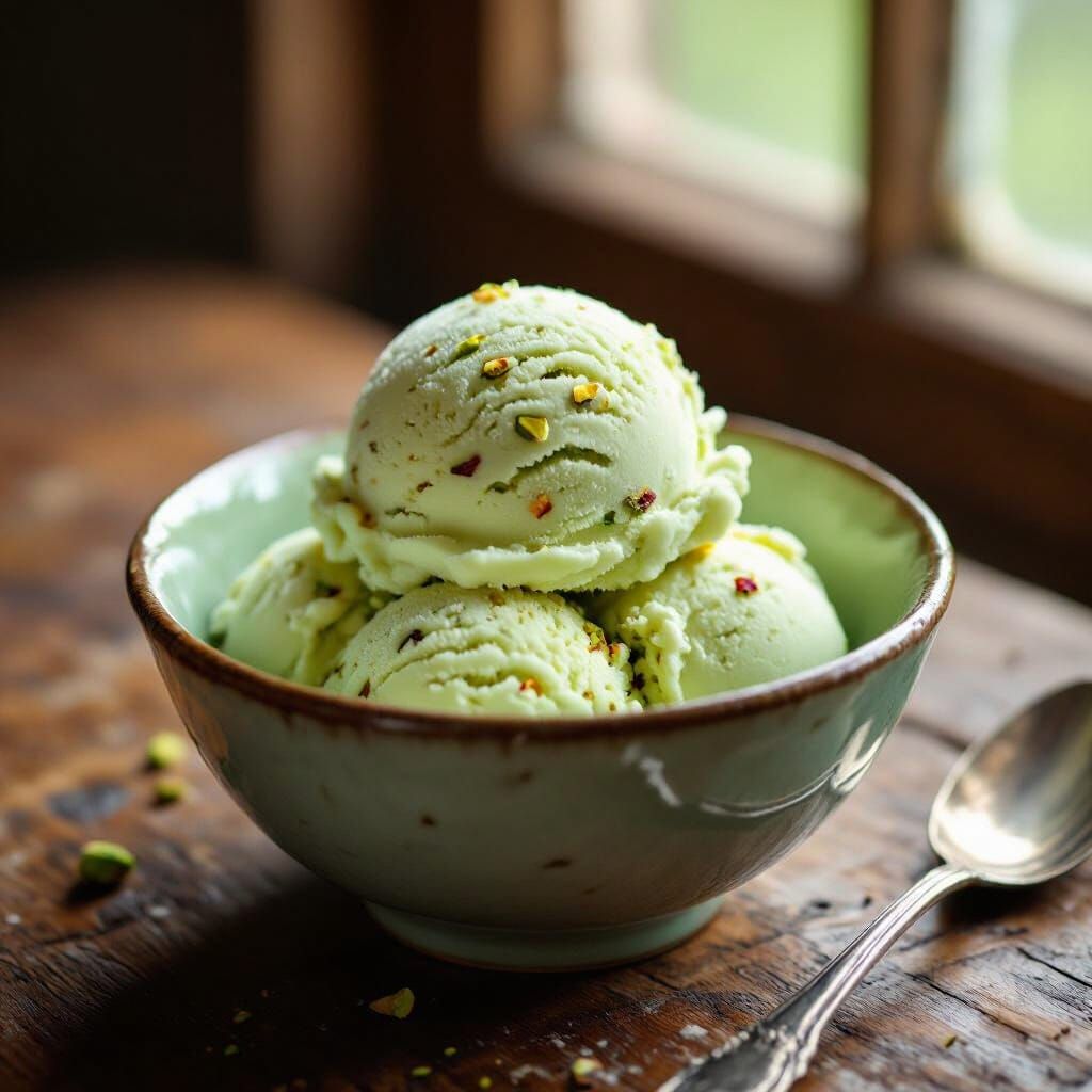 Creamy Pistachio Ice Cream in Vintage Bowl