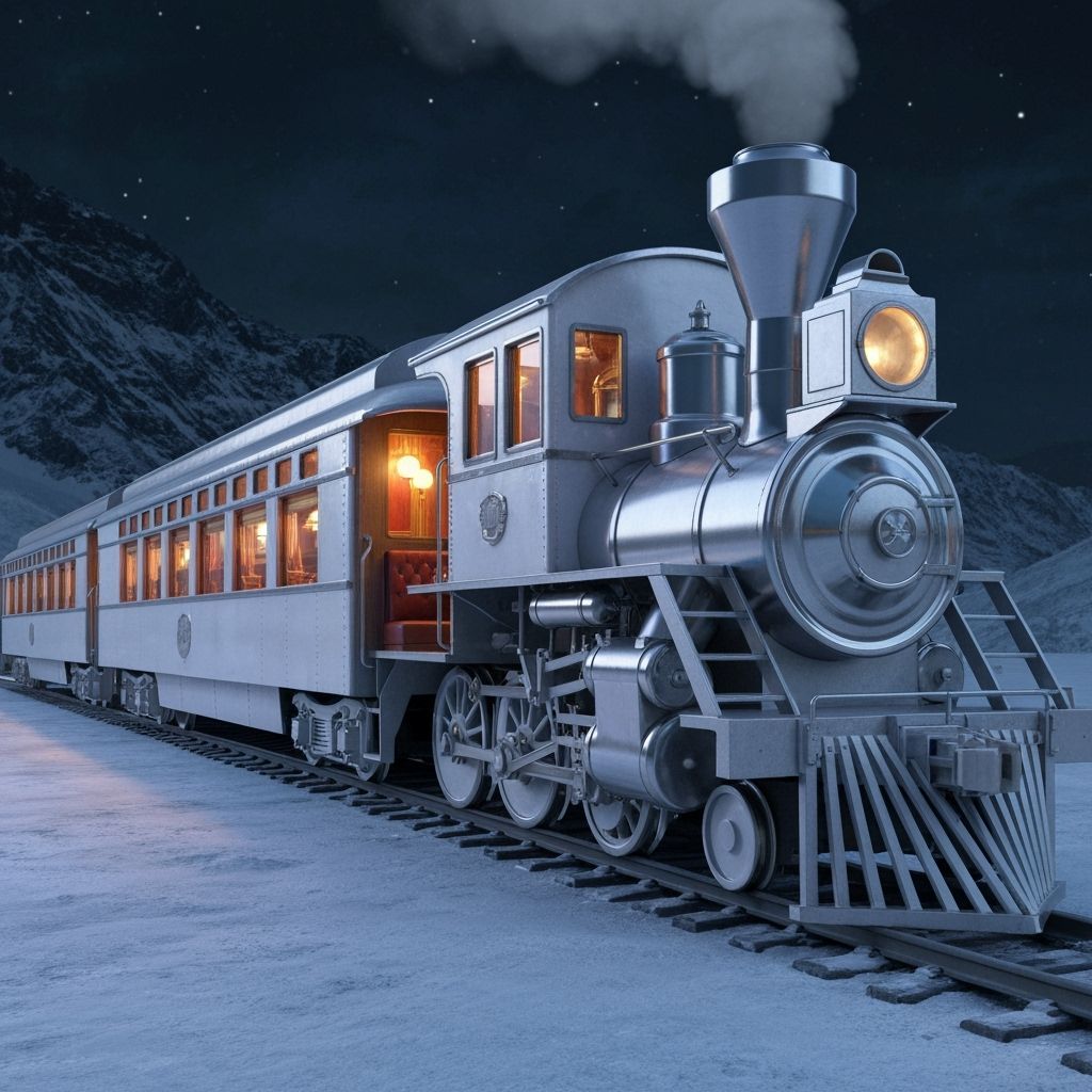 Art Deco Steam Train in Snowy Mountain Night