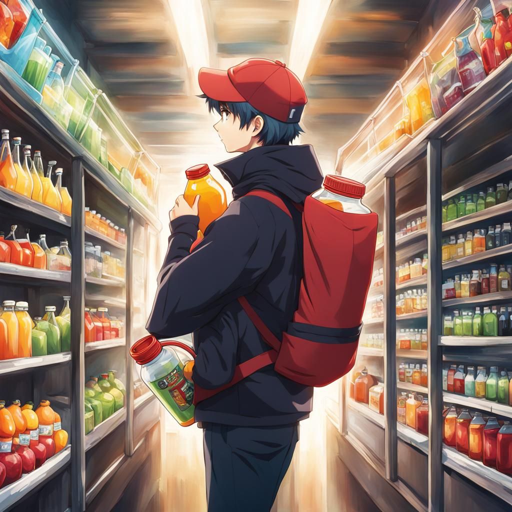 Anime Style Person Carrying Juice Bottle