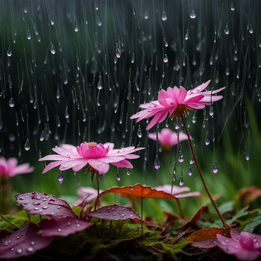 Pink Flower in Rainy Garden: Impressionist Watercolor