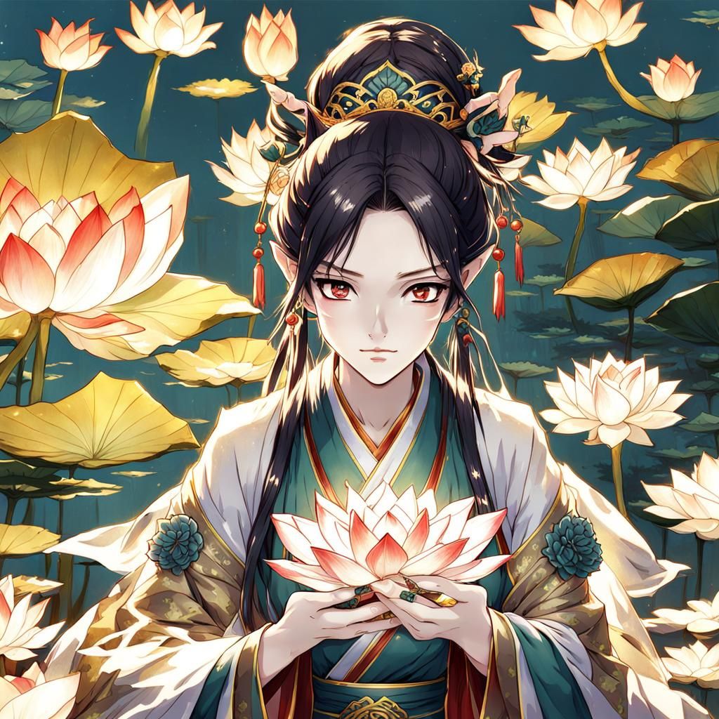 Chinese Fairy with Lotus in Anime Style