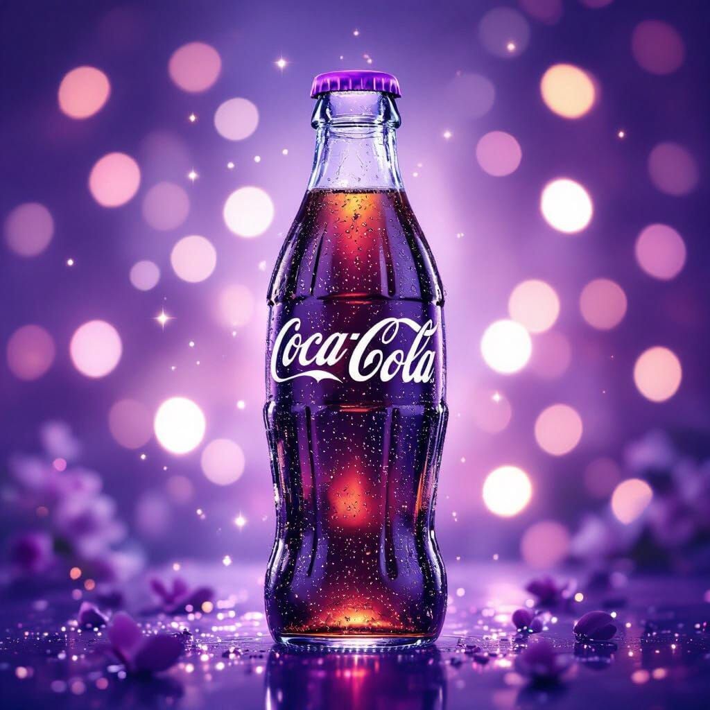 Glowing Purple Coca-Cola Bottle with Bokeh Lights