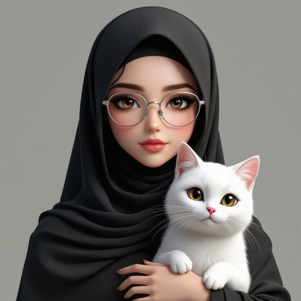 Hyperrealistic Woman in Niqab with Cat, 3D Anime Style
