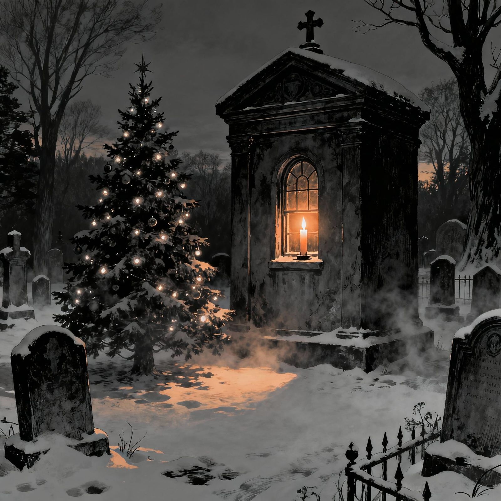 Snowy Graveyard Christmas Tree at Twilight
