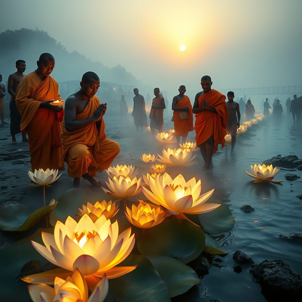 Monks and Villagers Performing Sunrise Rituals on the Ganges...