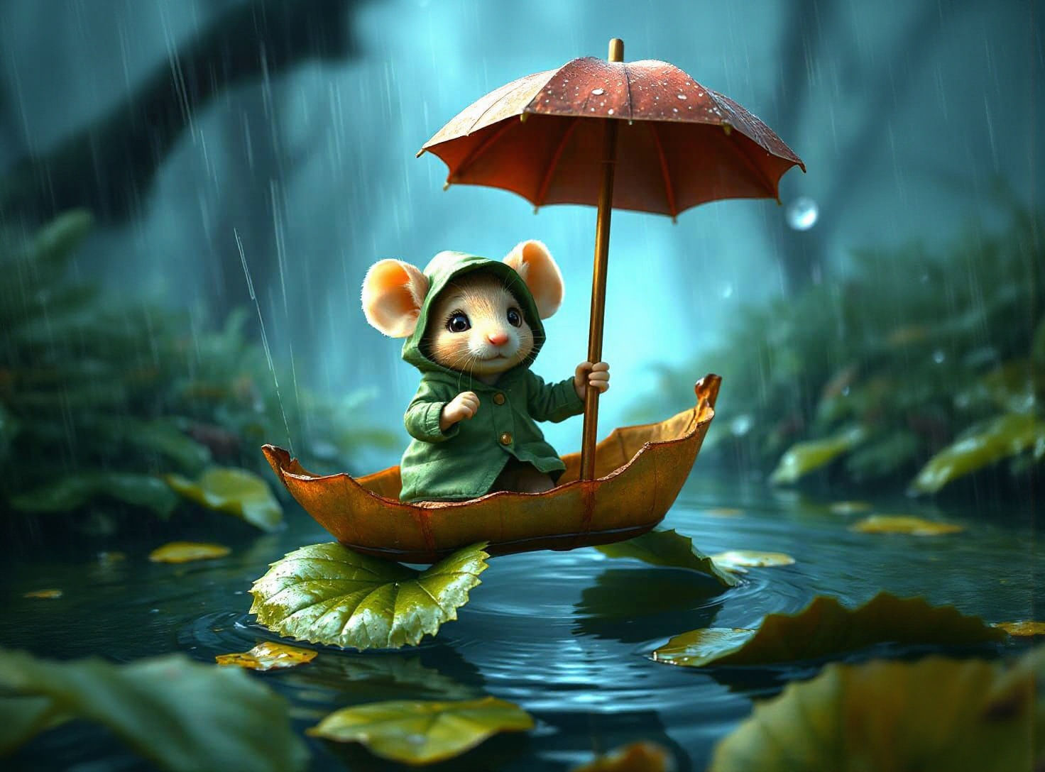 Mouse on Leaf Boat in Rainstorm, Children's Art