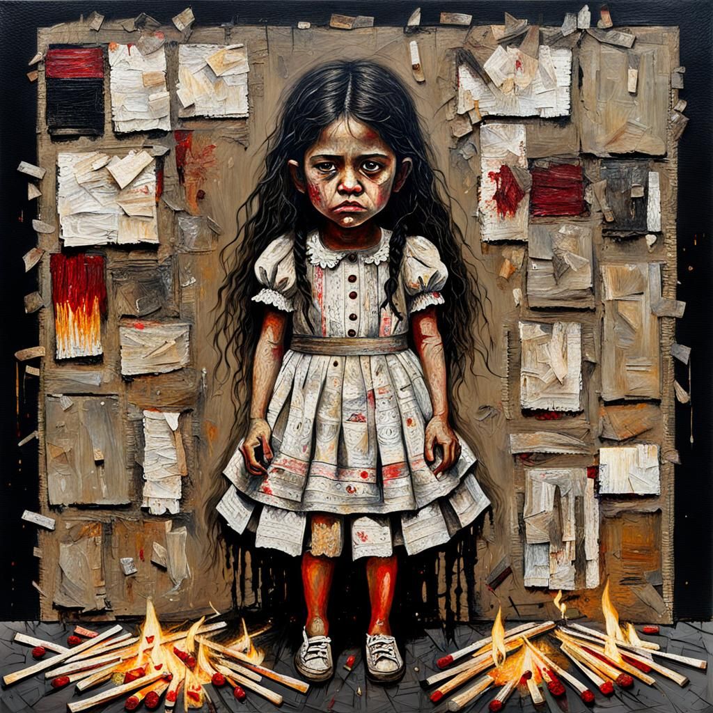 Eerie Collage of Girl with Matches in Oil on Canvas