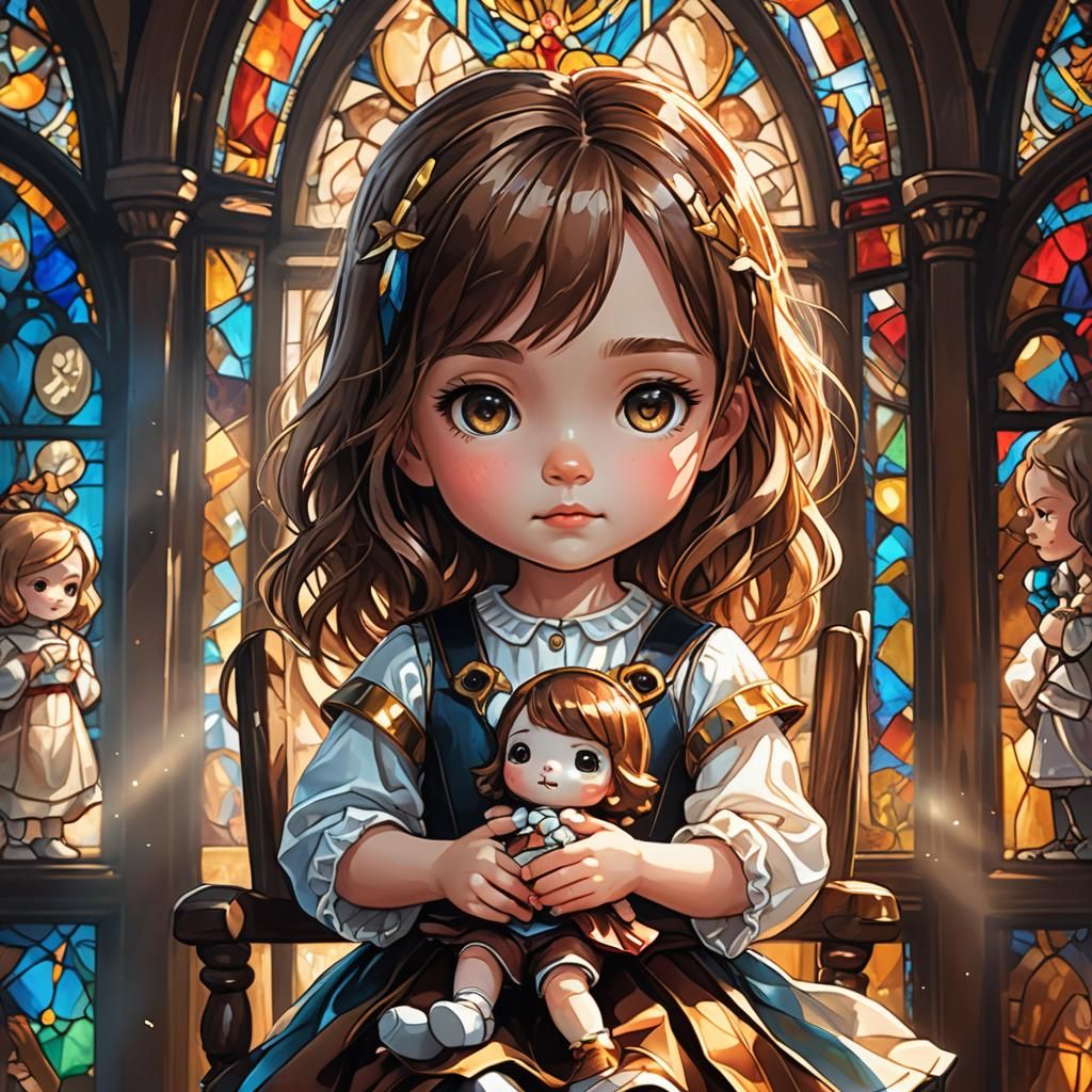 Chibi Girl with Doll: Vibrant Digital Illustration