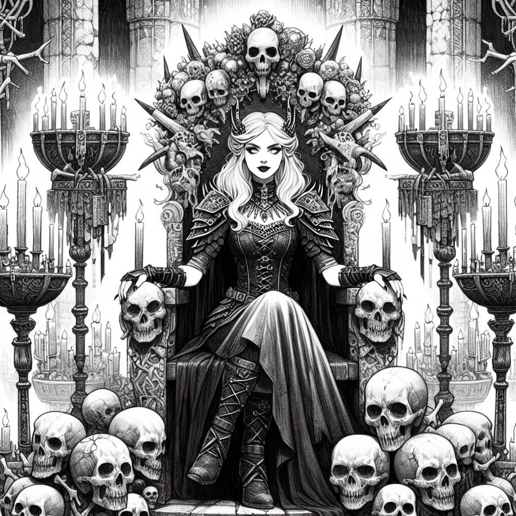 Fantasy Witch Queen on Bone Throne: Pencil Sketch
