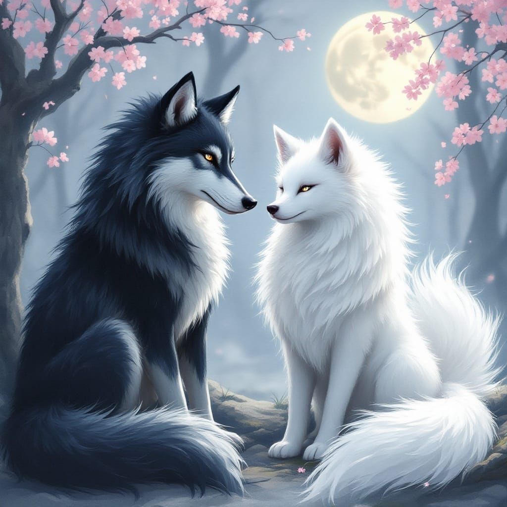 Yin Yang Wolf and White Kitsune in Harmony