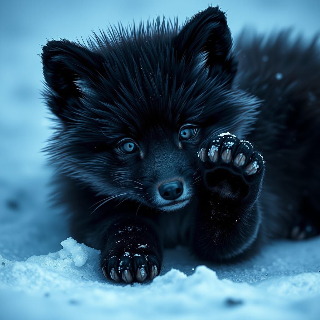 Snowy Black Fox Pup with Glowing Eyes