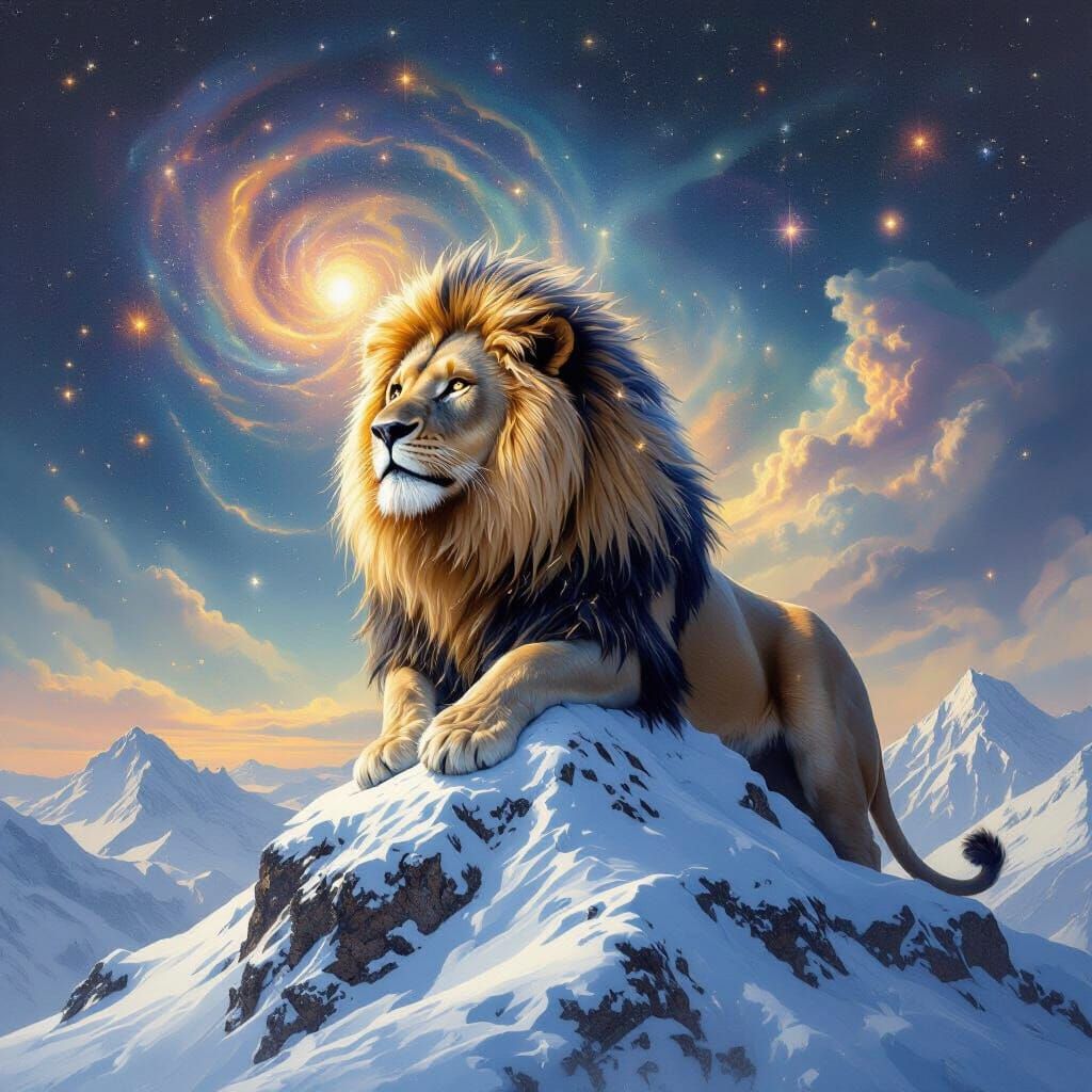 Lion with Starry Mane in Cosmic Surrealism Style