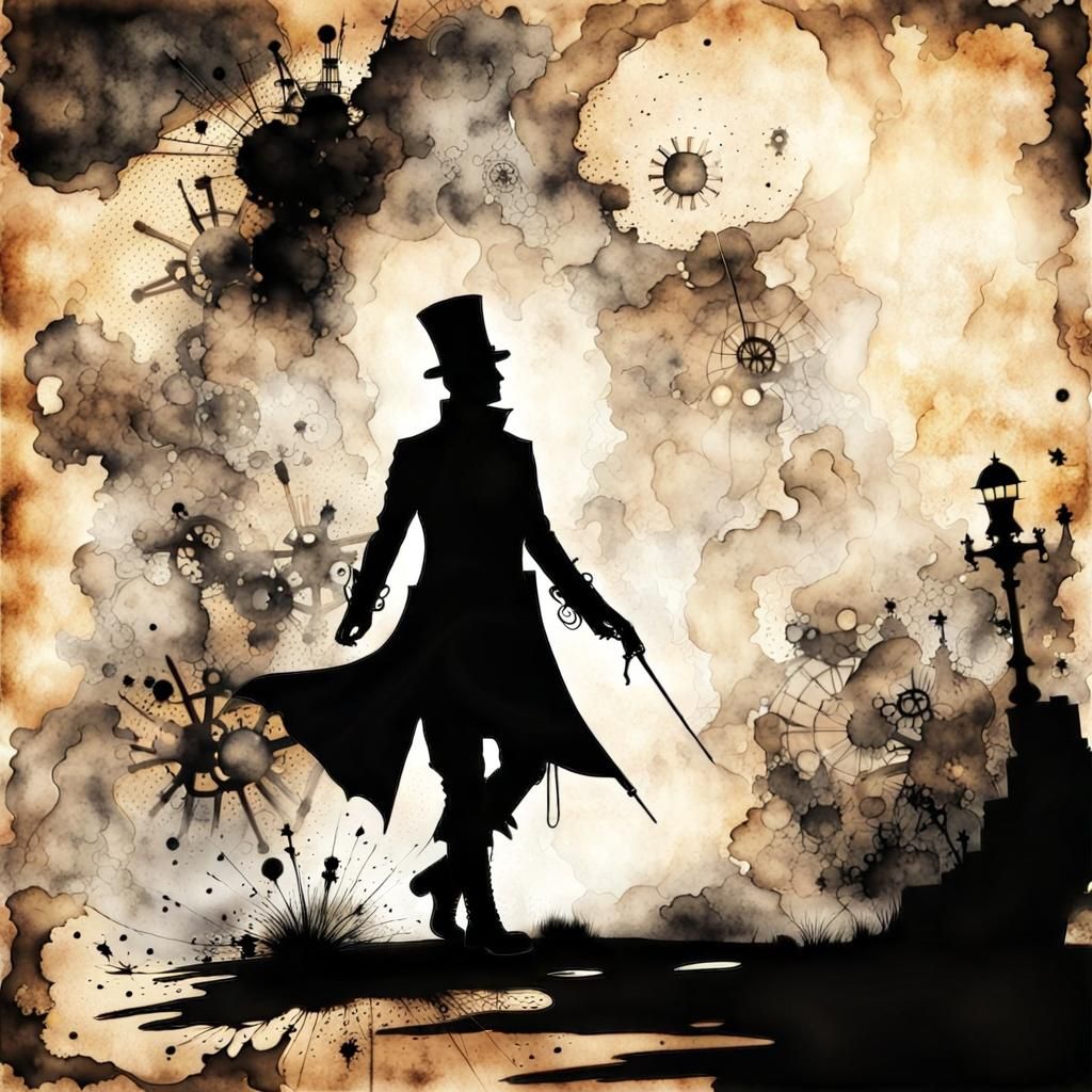 Steampunk Magician: Silhouette in Ink and Watercolor