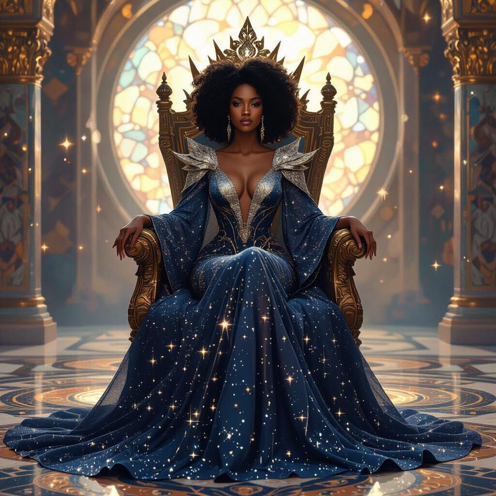 Celestial Black Queen in Throne Room, Afrofuturism Art