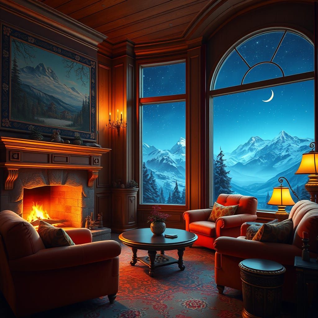 Warm Fireside Retreat Under Starry Mountainscape