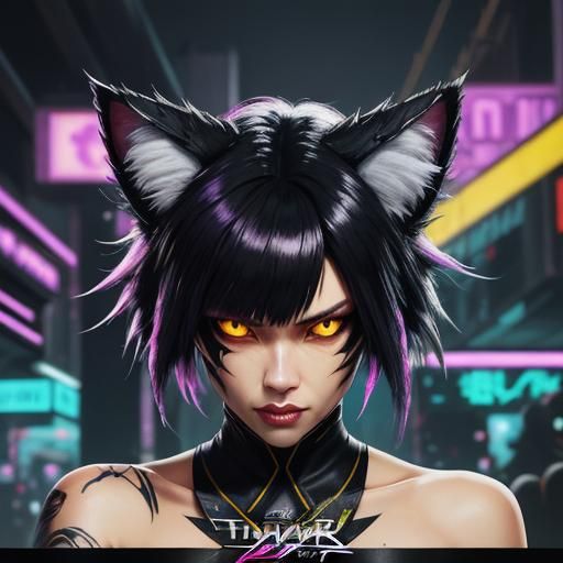 Cyberpunk Cat Hybrid Assassin with Neon Aesthetics