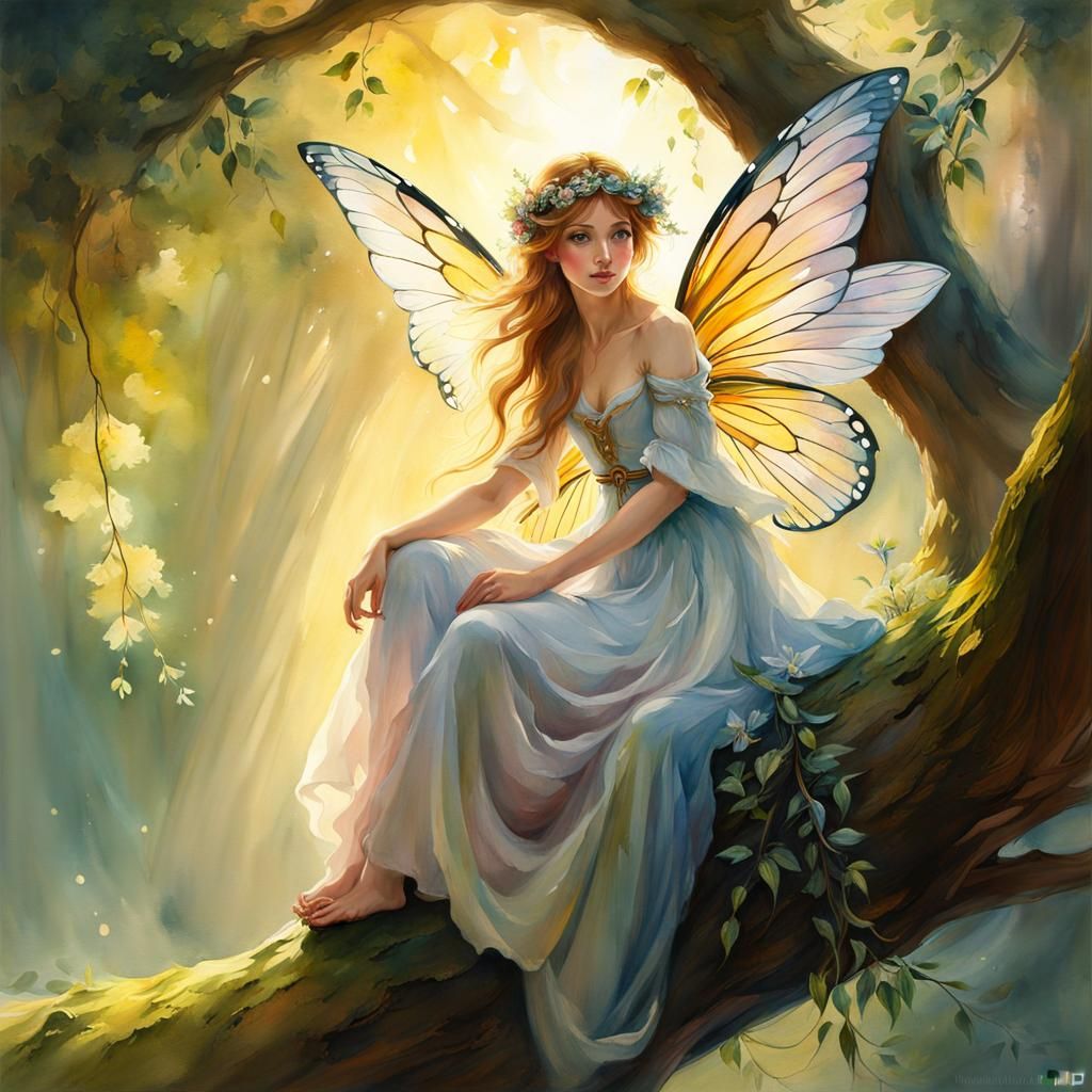 Fairy on Tree Branch in Rococo Watercolor