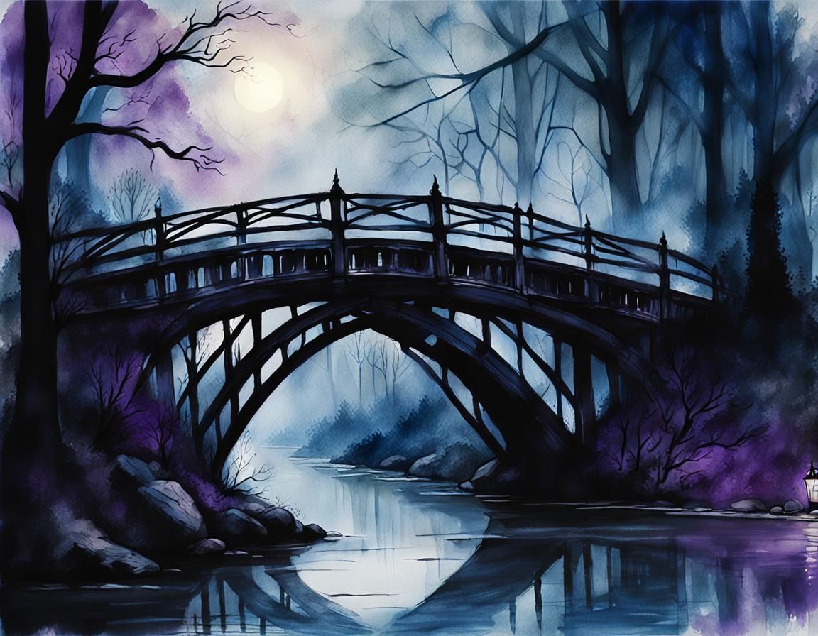 Victorian Gothic Bridge in Twilight: Moody Cinematic Scene