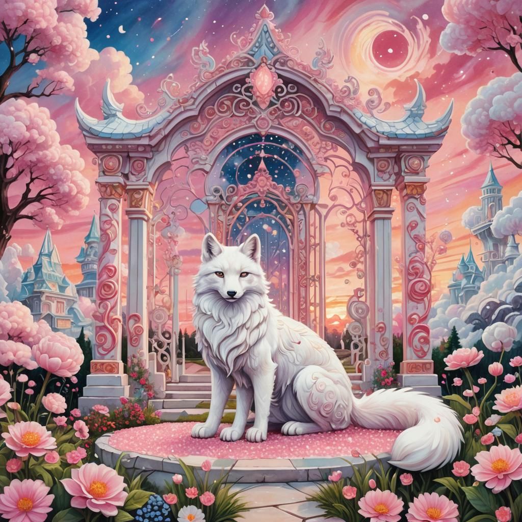 Elegant Kitsune Guardian at Crystal Gates: Gouache Art