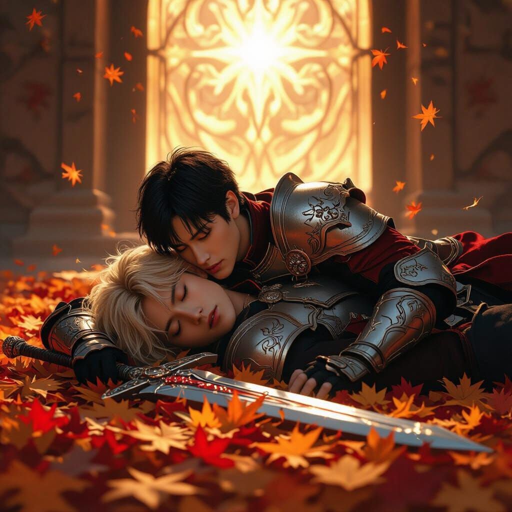 Men in Autumn Leaves with Celestial Door, Fantasy Art
