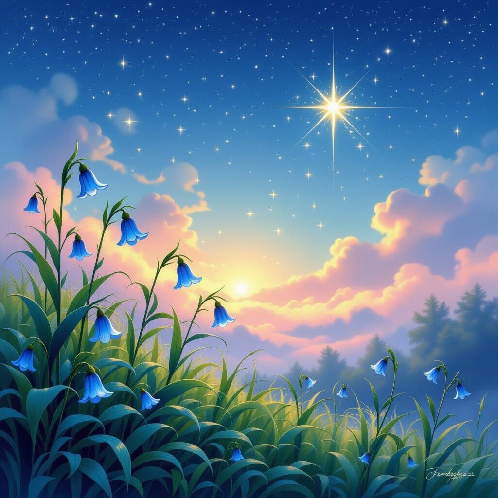 Ethereal Landscape with Starry Sky and Dew Drops